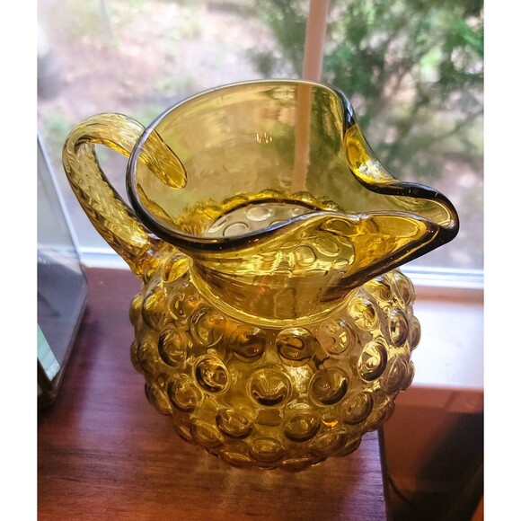 VTG Amber Glass Hobnail Pitcher wide belly applied handle hand blown 8.25" H MCM - Picture 5 of 16